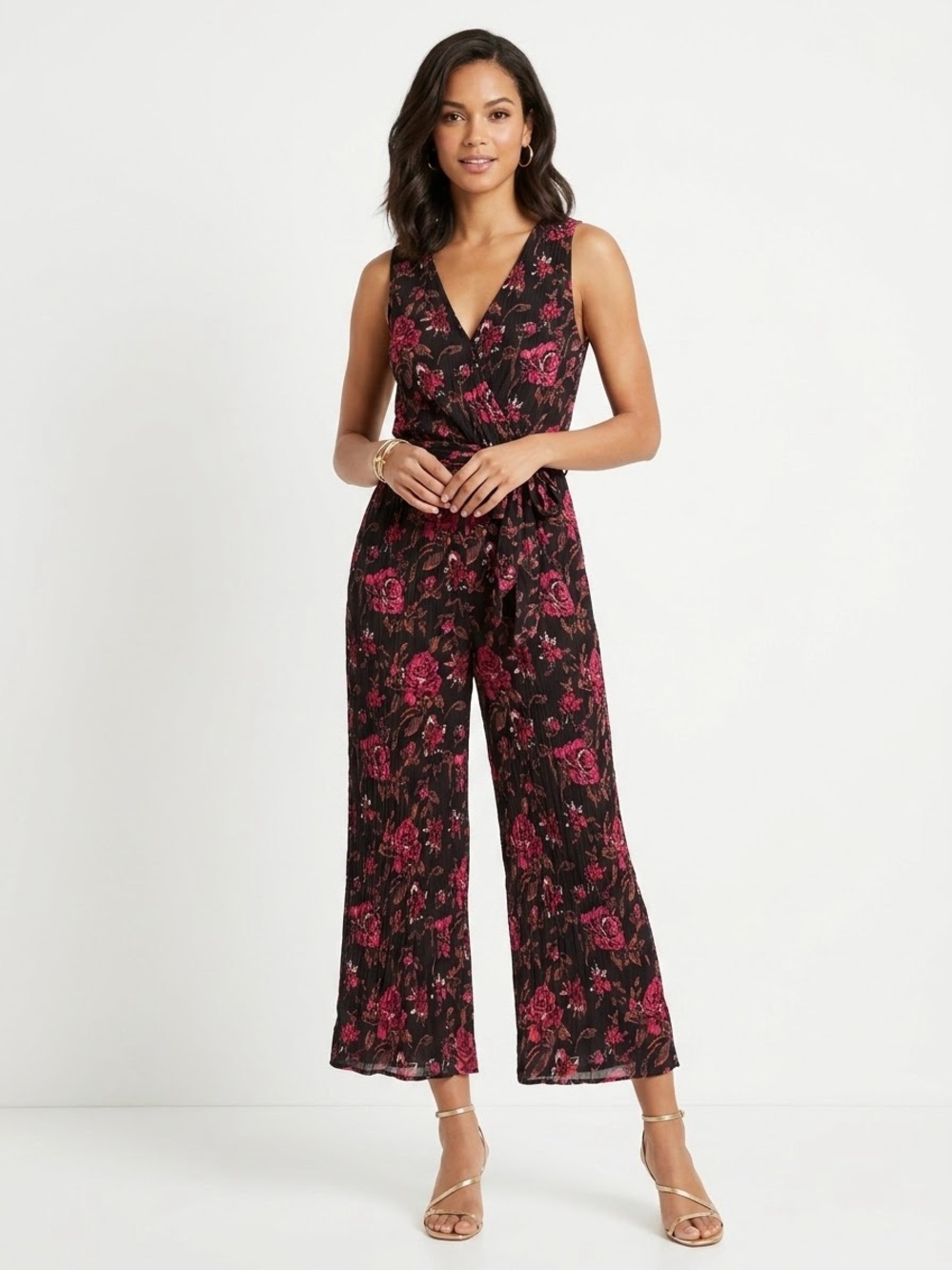 Urban Outfitters Black Floral V-Neck Sleeveless Jumpsuit with Rose Print